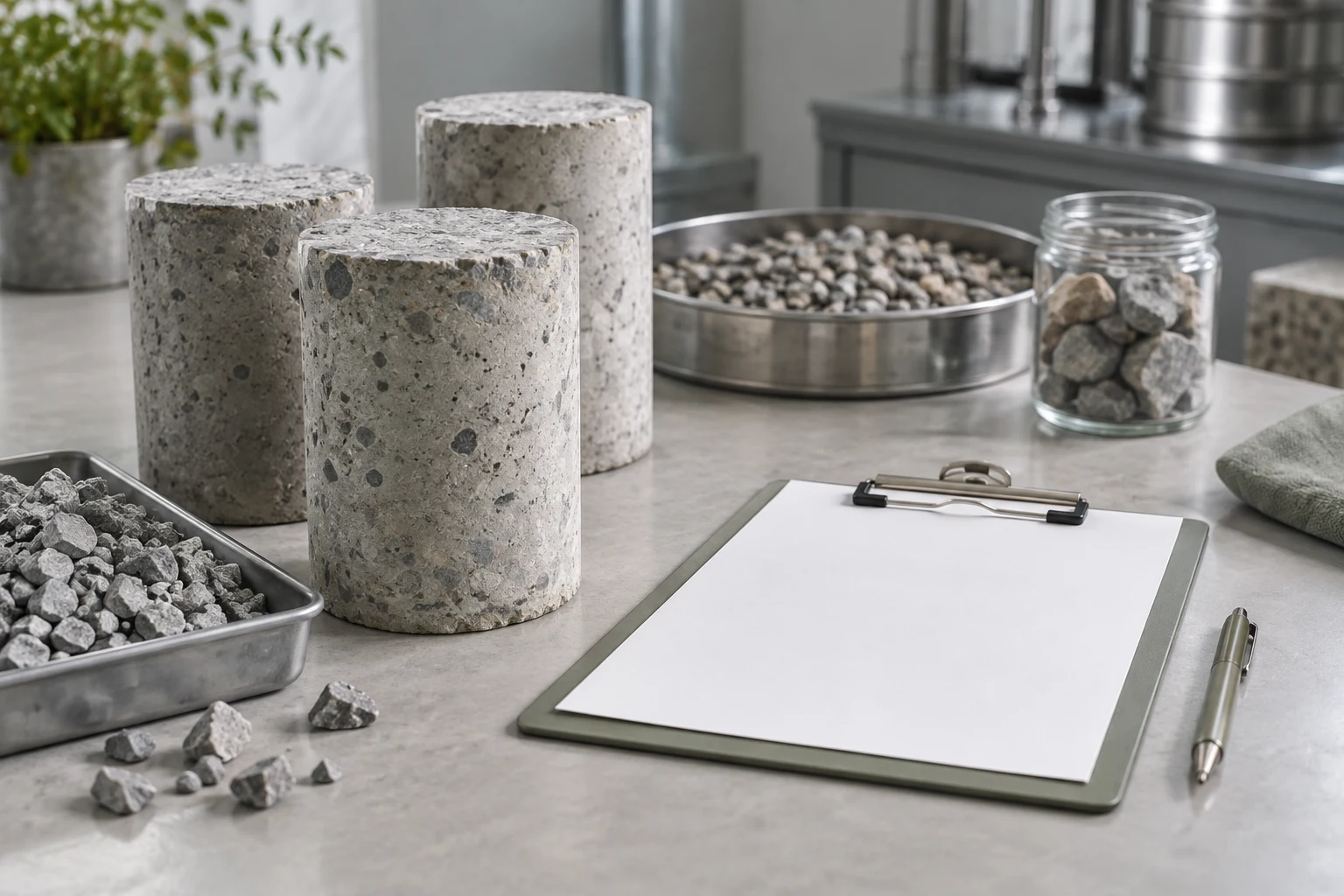 Concrete sample cylinders, aggregate and a blank clipboard on a clean bench.
